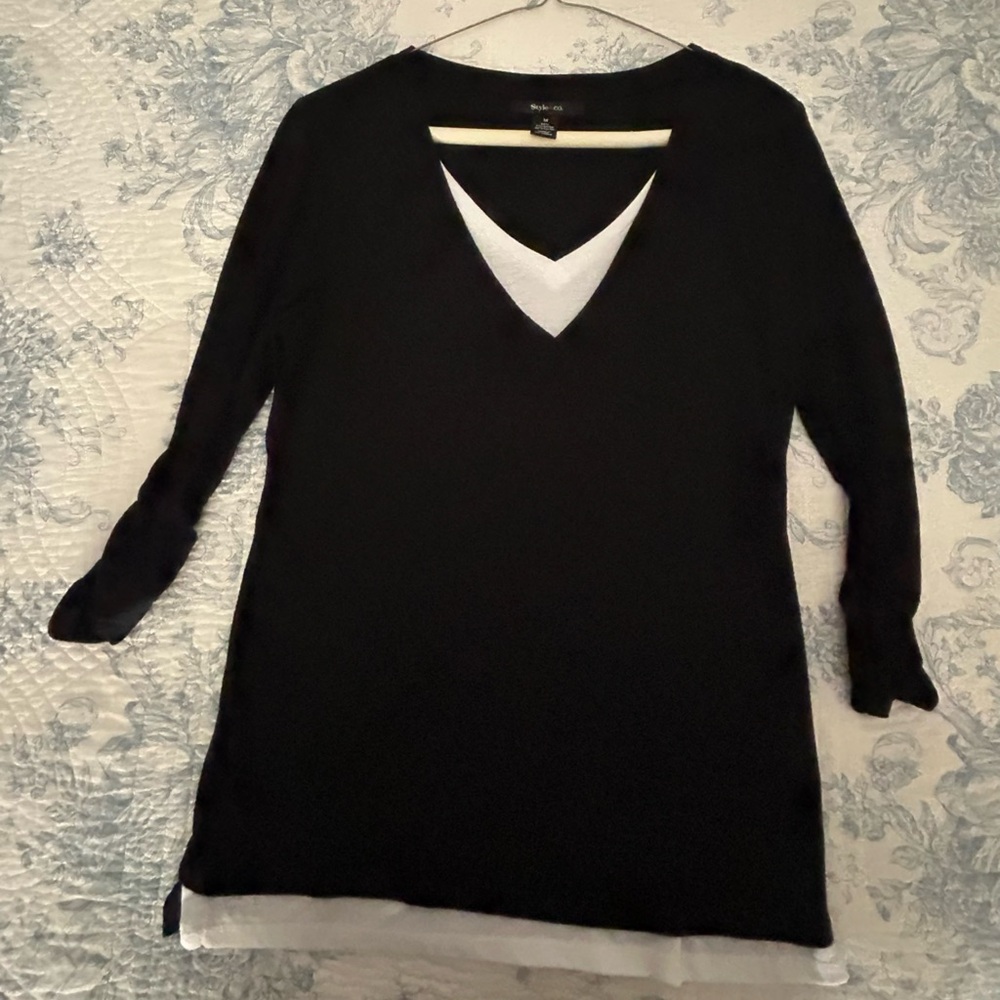 Style & Co. Black V-Neck Top with White Layer - Size M